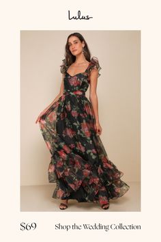 A look like the Lulus Befitting Glamour Black Floral Organza Ruffled Tiered Maxi Dress is best suited for any occasion where you want to be the talk of the party! Turn heads the moment you strut in wearing this floaty, woven organza gown that features a romantic floral print in a medley of colors. A princess-seamed bodice with a sweetheart neckline and slender straps with structured ruffled trim sits atop a pleated banded waist. The twirl-worthy, A-line make skirt features tiered, ruffled detail Glamorous Chiffon Maxi Dress For Cocktail, Flirty Floral Print Evening Dresses, Flirty Evening Dress With Floral Print, Dressy Floral Print Party Maxi Dress, Chic Floral Print Maxi Dress For Party, Glamorous Ruffled Maxi Dress For Gala, Flowy Ruffled Dresses For Party, Evening Party Maxi Dress With Ruffles, Chic Floral Print Maxi Dress For Gala