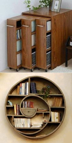 two pictures side by side one has a book shelf and the other has a clock on it