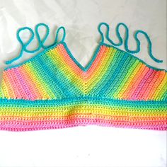 Fun And Trendy Halter Top Design Features: Super Soft Yarn Construction With Gradient Pastel Rainbow Colors Ties Behind Neck And Back Adjustable For A Perfect, Flexible Fit Under Bust Around Is 38" Triangle Bust Coverage Is 8" H X 8" W With Ample Stretch One Size Fits Up To Xl, With A-C Cup Nwot, Never Worn Smoke Free Pet Free Environment Festival Crochet V-neck Crop Top, Summer V-neck Crochet Crop Top, Fitted V-neck Crop Top With Crochet Trim, V-neck Crop Top With Crochet Trim For Spring, Spring V-neck Crop Top With Crochet Trim, V-neck Crochet Trim Crop Top For Spring, V-neck Crochet Tank Top For Beach, Spring Triangle Top With Crochet Lace, Casual Crochet Lace Triangle Top