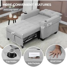 the sofa bed with storage compartment is shown in three different positions and features an extra pull out cup holder