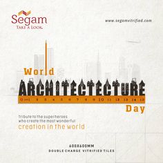 a poster with the words world architecture day written in orange and black on white paper