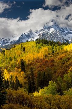 the mountains are covered in colorful trees and snow capped peaks, as well as clouds