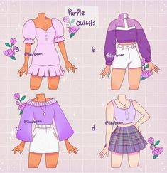 four different types of clothes for girls with flowers on the chest and shoulders, all in purple