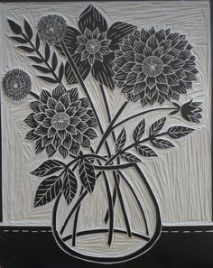 a black and white drawing of flowers in a vase