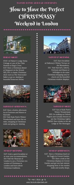 an info sheet with the words how to have the perfect christmas weekend in london