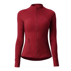 a women's red jacket with zippers