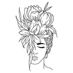 a black and white drawing of a woman's head with flowers in her hair