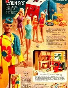 an advertisement for barbie's sun set from the early 1960s, with dolls and furniture