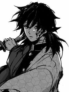 an anime character with long black hair holding a knife in his hand and looking at the camera