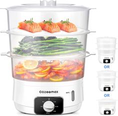 the food steamer is full of fresh vegetables and fish