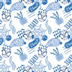 a blue and white pattern with words on it