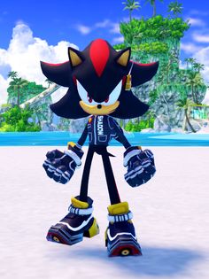 sonic the hedge is standing in front of an island with palm trees and blue sky