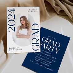 a graduation party card with a photo on the front and back of it, next to an envelope that says grad party