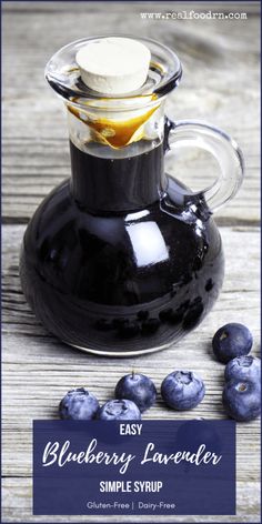 blueberry flavored homemade syrup in a glass pitcher