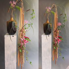 two pictures of flowers in a vase on top of a white pedestal with a black vase behind it