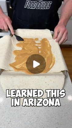 a person cutting into some food on top of a white counter with the words learn this in arizona