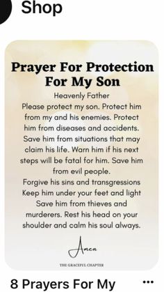 a prayer card with the words prayer for protection for my son in black and white