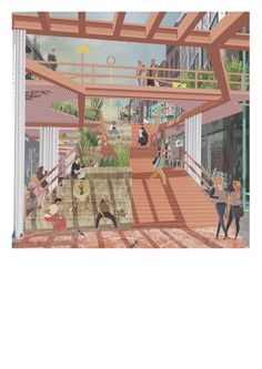 an artist's rendering of people walking through a building with stairs and balconies