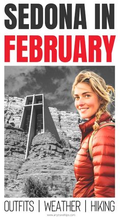 a woman standing in front of a building with the words sedona in february