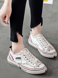 Flat Heels Lace Up Canvas Sneakers - rrdeye Flat Heels, Boho Style Dresses, Casual Heels, Fashion Seasons, Kids Sweater, Spring Shoes, Canvas Sneakers, Cozy Fashion, Vans Old Skool Sneaker