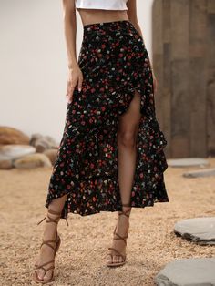 Midi Skirts Summer, Ruffle Hem Skirt, Mode Kimono, Maxi Rok, Floral Print Skirt, Trendy Prints, Hem Skirt, Asymmetrical Skirt, Boho Summer