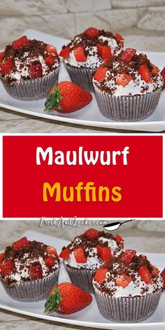 muffins topped with strawberries on a white plate