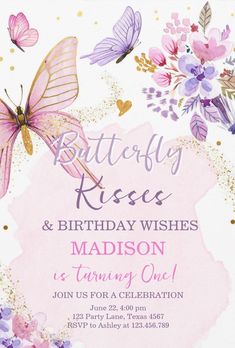 a pink and purple birthday card with butterflies on the front, in gold foil lettering