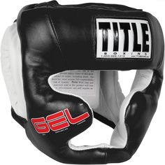 a black and white headgear with the word title on it's side