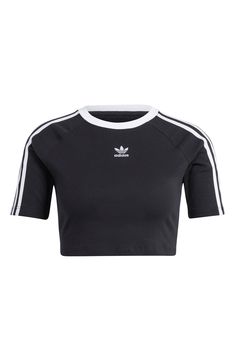 Signature 3-stripes race over the shoulders of a classic baby tee knit from a stretch-cotton blend. Crewneck Short sleeves 94% cotton, 6% elastane Machine wash, line dry Imported Adidas Adibreak, Adidas Crop Top, Adidas Tee, Adidas Original, Adidas Crop, Baby Tees, Adidas Outfit, Baby T Shirts, Streetwear Women