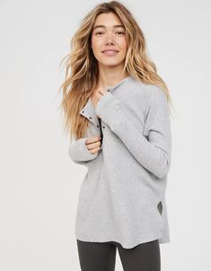 OFFLINE By Aerie Wow! Waffle Henley T-Shirt Aerie Henley Long Sleeve, Postpartum Style, Aerie Clothing, Nursing Outfit, Postpartum Fashion, Waffle Henley, Rugby Fashion, Modest Outfit, Waffle Shirt