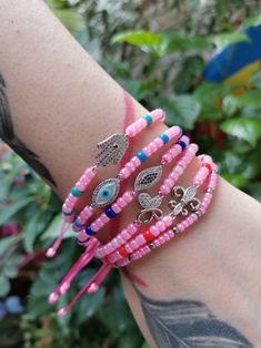 Pink Beaded Evil Eye Bracelet, Pink Beaded Evil Eye Bracelet With Round Beads, Pink Beaded Bracelets For Festival, Pink Bracelets With Spacer Beads For Festival, Adjustable Pink Beaded Evil Eye Bracelet, Summer Jewelry Beach, Bracelet Butterfly, Pink Beaded Bracelets, Evil Eye Hamsa