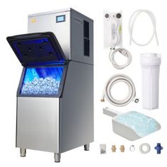 an ice machine with accessories and water in it