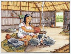 a drawing of a woman cooking food in a hut