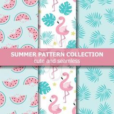 four different patterns with flamingos and watermelon