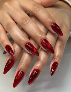 Clean Red Nails, Red Glitter Nails Almond Shape, Red Opal Nails, Red Crome Nails Nailart, Christmas Nails Sharp, Moulin Rouge Nails Design, Glassy Red Nails, Dark Magnetic Nails, Blood Red Cat Eye Nails