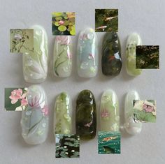 Green Ocean Nails, Nails Plant Design, Nature Nail Ideas, Enchanted Forest Nails, Nail Designs Floral, Green Tea Nails, Magical Nails, Aries Women, Fantasy Nails