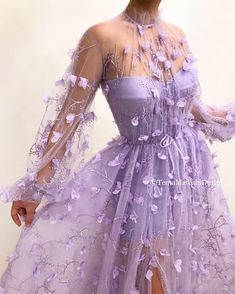 Floral Dress Wedding Guest, Floral Wedding Dress, Long Sleeve Prom, Lavender Dresses, A Line Prom Dresses, Beauty Dress, Prom Outfits, Linnet, Prom Dresses With Sleeves