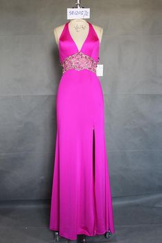 A fuchsia evening dresses with a halter neckline and beaded empire waist. Halter Evening Dress, Dresses For Prom, Gowns Prom, Pageant Gowns, Evening Gowns Formal, Halter Neckline, Prom Gown, Halter Formal Dress, Empire Waist