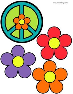 four different colored flowers and a peace sign