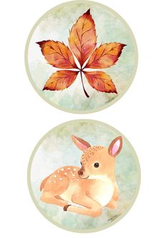 two plates with leaves painted on them, one has a deer and the other has a leaf