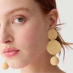 Jcrew Triple-Drop Raffia Earrings Nwt Natural New With Tags Raffia Accessories Are Having A Moment And They Add Fun & Style To An Outfit. These Monochromatic Drop Earrings Make The Perfect Statement And They Are Lightweight & Comfortable To Wear. If You Like Large Earrings, These Earrings Are For You. Color Is Natural, Beige Tan. Gold-Plated Brass Acrylic Bead Raffia Hypoallergenic Titanium Posts Disc Clutches Length Approx .3.5” Elegant Woven Jewelry For Vacation, Summer Woven Jewelry, Spring Woven Earrings, Raffia Earrings, Gem Drop Earrings, Pink Stud Earrings, Crystal Teardrop Earrings, Ivory Earrings, Pink Studs