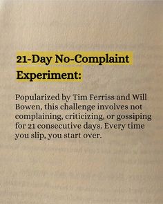 an open book with the title 21 - day no - complaint experiment written on it