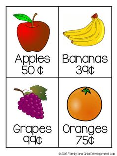 an apple, banana, oranges and grapes are arranged in the same order to match each other