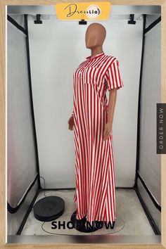 Striped Printed Asymmetric Sleeve Maxi Dress Casual Long Striped Dresses, Casual White Maxi Shirt Dress, Summer Dress With Side Slits And Short Sleeves, Summer Dresses With Short Sleeves And Side Slits, Summer Dresses With Side Slits And Short Sleeves, Casual Red Long Maxi Dress, Casual Vacation Dresses With Side Slits, Striped Long Maxi Dress For Summer, Casual Short Sleeve Maxi Dress With Side Slits