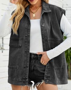 Button Down Collared Neck Denim Jacket Charcoal clothes M.F Ship From Overseas Shipping Delay 09/29/2023 - 10/02/2023 trend Basic Style, Button Downs, Denim Jacket, Sleeve Length, Quick Saves