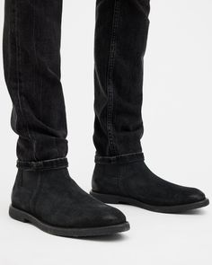 For casual occasions, step out in the Rhett Boots, crafted from soft suede and finished with a crepe rubber outsole. Shaped to a traditional Chelsea boot shape.  These boots fit true to size Round toe Ankle boot Pull tab Chelsea boots Elasticated gusset AllSaints 01-11-94 stamp Casual Suede Ankle Moto Boots, Casual Suede Moto Ankle Boots, Casual Leather Chelsea Boots With Textured Sole, Allsaints Leather Boots With Round Toe, Casual Moto Boots With Suede Lining And Round Toe, Casual Moto Boots With Suede Lining, Casual Leather Boots By Allsaints, Allsaints Casual Leather Boots, Suede Chelsea Boots With Plain Toe For Fall