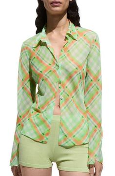 Fresh-hued checks cover a flowy shaped shirt that's framed by on-trend flared sleeves. Front button closure Spread collar Long sleeves 100% polyester Machine wash, line dry Imported Chic Collared Plaid Shirt, Plaid Button-up Spring Blouse, Long Sleeve Plaid Blouse For Summer, Chic Plaid Collared Blouse, Chic Collared Plaid Blouse, Spring Office Plaid Shirt, Summer Plaid Button-up Blouse, Trendy Plaid Blouse For Workwear, Summer Workwear Plaid Blouse