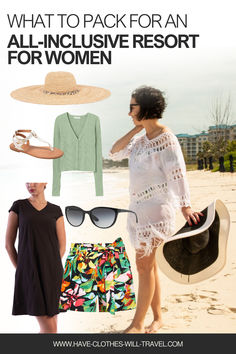 two women in dresses and hats on the beach with text overlay that reads what to pack for an all - inclusive resort for women