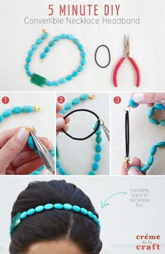 instructions to make a beaded headband with turquoise beads and gold plated scissors