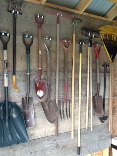 there are many shovels and gardening implements on the wall next to eachother